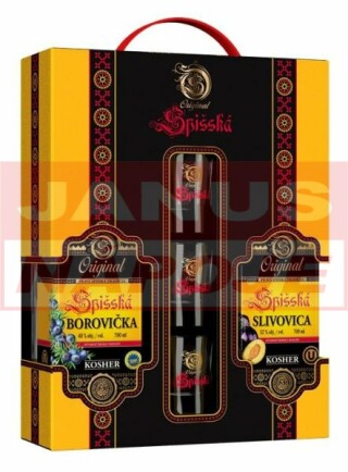 Spišská Borovička Original+Spišská Slivovica Originál 40%-52% 0,7L+0,7l [GAS FAMILIA] (darčekové balenie s pohármi)